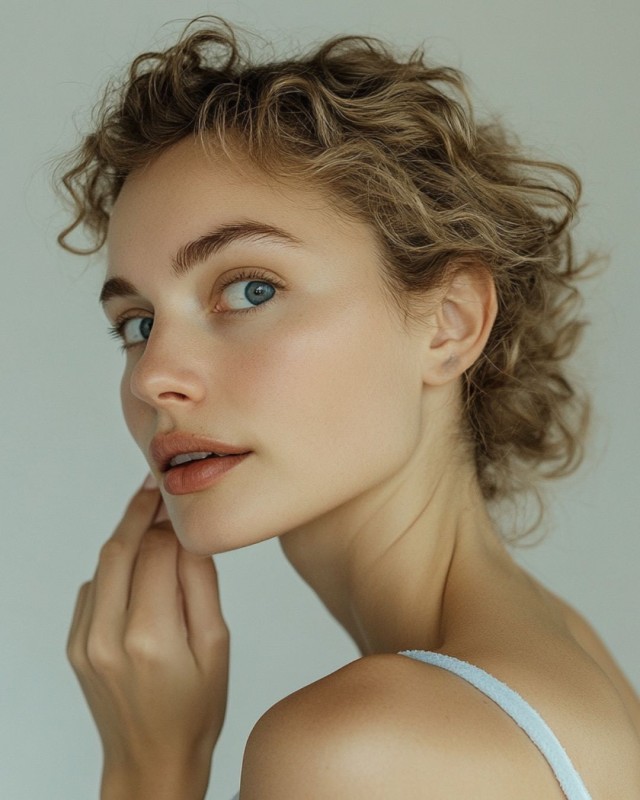 Junge-Frau-im-Profil-seitlich-fotografiert-aschblonde-lockige-Haare-nach-hinten-gesteckt-blaue-Augen-wenig-geschminkt-Lippen-leicht-geoeffnet-Hand-liegt-an-der-Wange