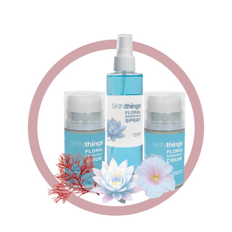 Floral-Essentials-Set-aus-Serum-Spray-Cream-Regeneration-Erfrischung-Feuchtigkeit-und-Pflege-im-Reif-mit-Wasserzeichen-Rotalge-Lotus-Malve