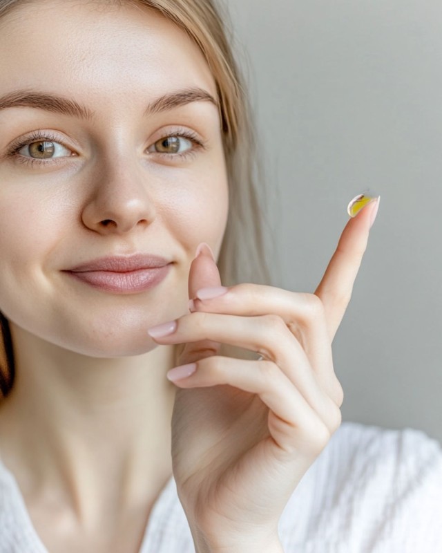 Oil-Drops-Junge-Frau-dunkle-Haare-zurueckgebunden-im-weissen-Bademantel-haelt-eine-Flasche-Oil-Drops-in-der-rechten-Hand-mit-der-linken-Hand-wird-Produkt-auf-die-Wange-aufgetragen