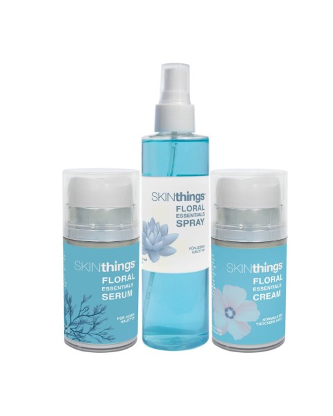 Floral-Essentials-Set-aus-Serum-Spray-Cream-Regeneration-Erfrischung-Feuchtigkeit-und-Pflege-weiß