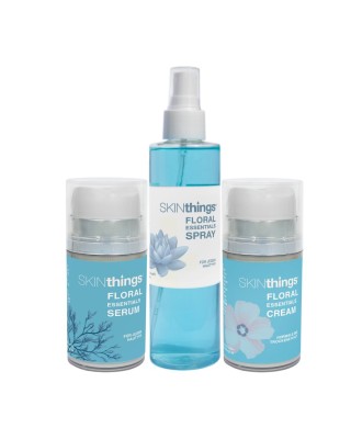 Floral-Essentials-Set-aus-Serum-Spray-Cream-Regeneration-Erfrischung-Feuchtigkeit-und-Pflege-weiß
