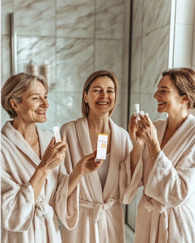 Drei-Frauen-stehend-im-Halbkreis-im-Badezimmer-sie-tragen-beige-Bademaentel-zwei-der-Frauen-halten-Produkte-in-den-Haenden-die-Frauen-laecheln