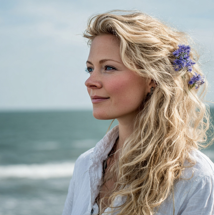 Floral-Essentials-Spray-blonde-Frau-mit-blauen-Blumen-im-langen-Haar-am-Meer