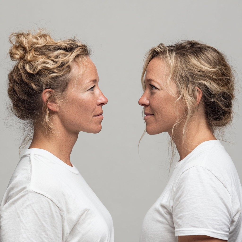 Blogbeitrag-Peptide-versus-Polynucleotide-zwei-blonde-Frauen-im-weissen-Shirt-im-Profil-stehen-sich-gegenueber-und-laecheln-sich-an Blogbeitrag-Peptide-versus-Polynucleotide-zwei-blonde-Frauen-im-weissen-Shirt-im-Profil-stehen-sich-gegenueber-und-laecheln-sich-an