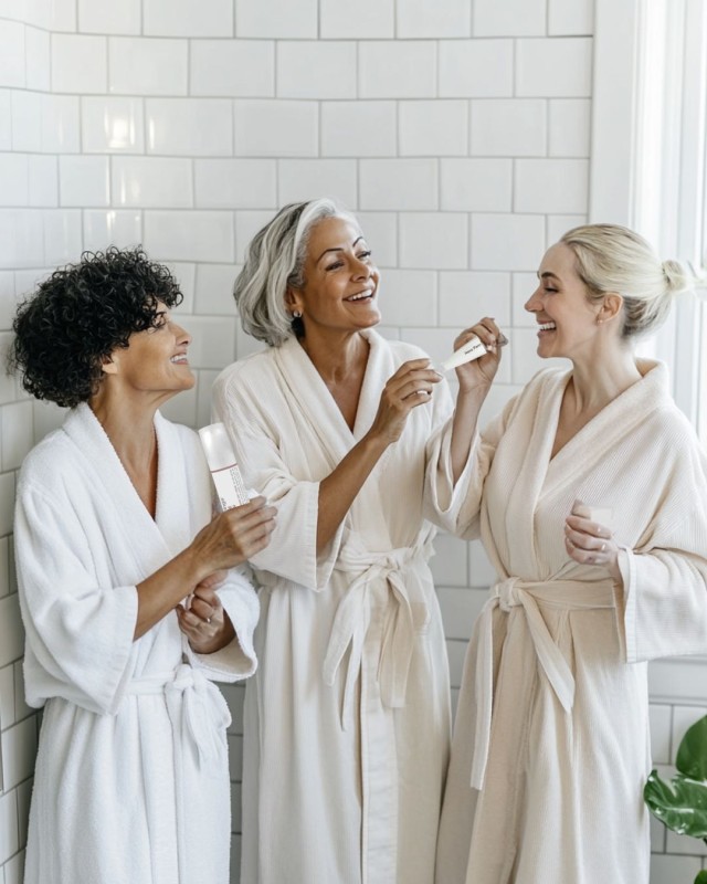 3-Frauen-im-hellen-Bademantel-stehen-im-Badezimmer-unterhalten-sich